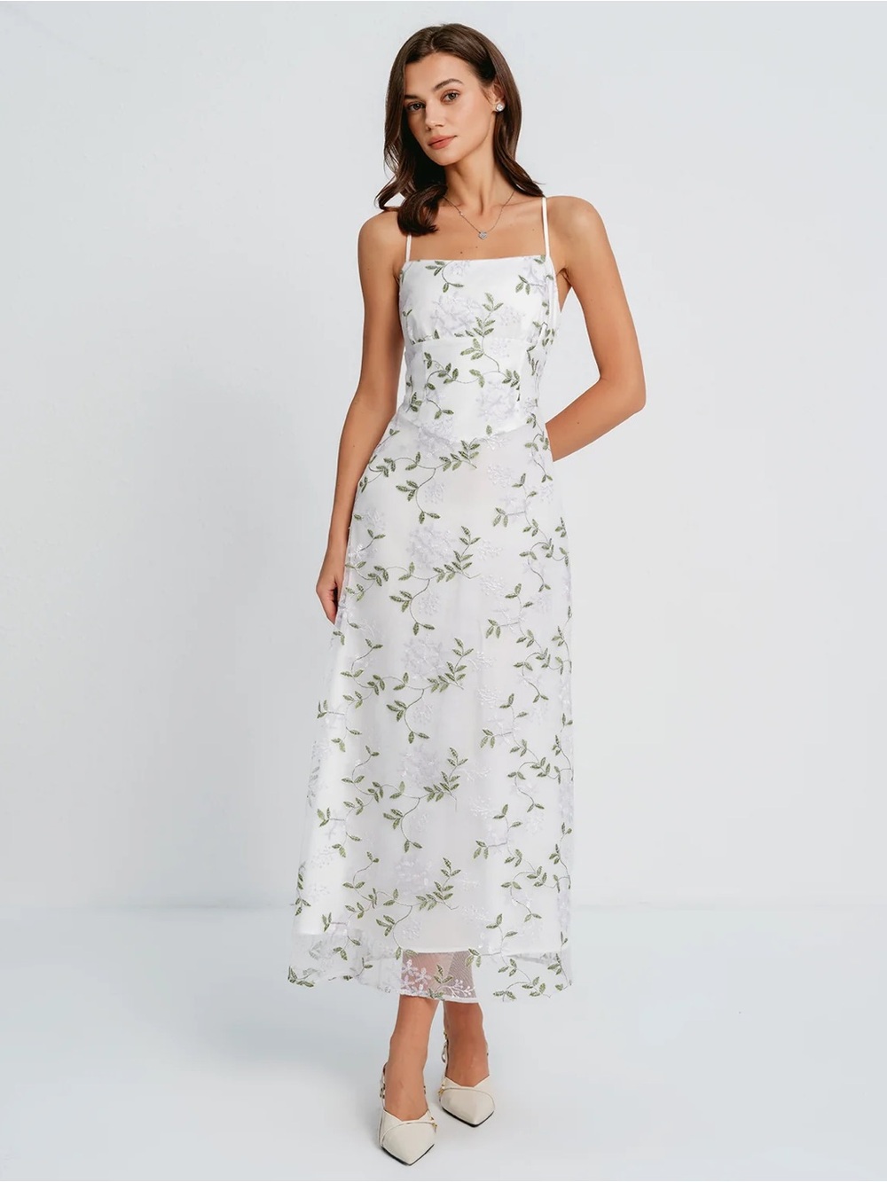 RIHOAS White Midi Dress with Green Floral Embroidery